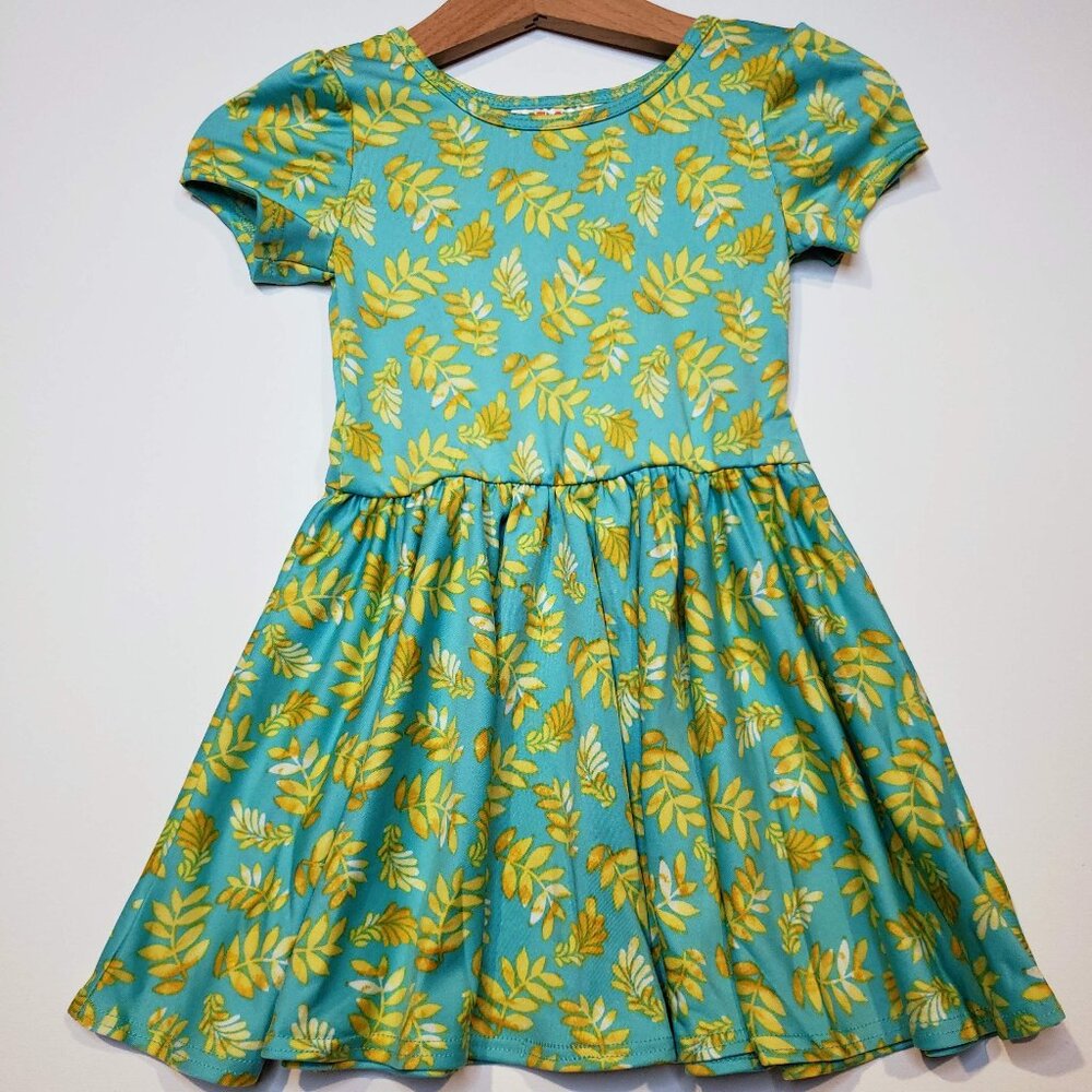 DotDotSmile 12-24 month Classic Cap Dress - Blue with tropical leaves print